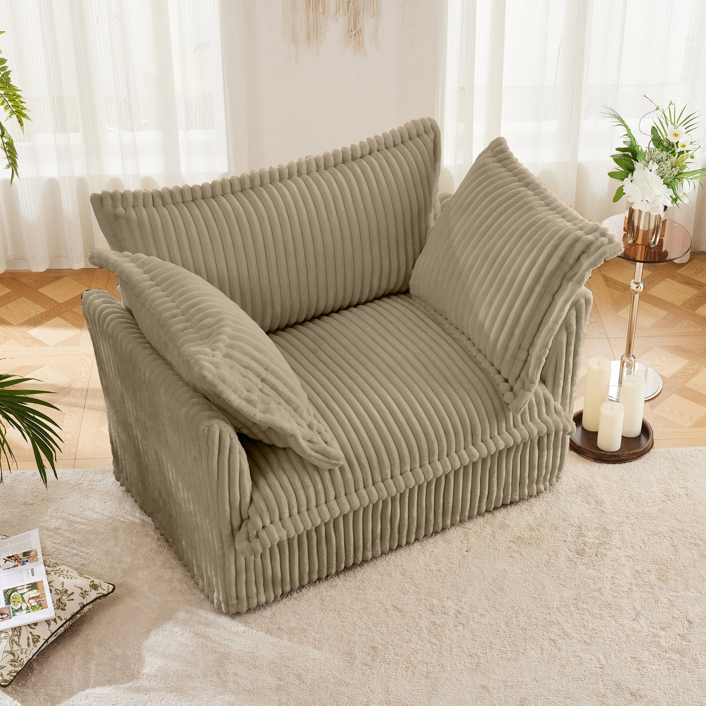 Slip-covered Armchair with 1 Big Back Cushion and 2 Big Toss Pillows, Single Deep Seat Comfy Single Couch Sofa Multiple Large Soft Pillows, Camel Corduroy Fabric