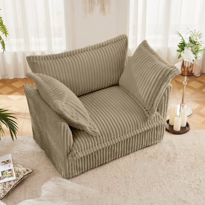 Slip-covered Armchair with 1 Big Back Cushion and 2 Big Toss Pillows, Single Deep Seat Comfy Single Couch Sofa Multiple Large Soft Pillows, Camel Corduroy Fabric