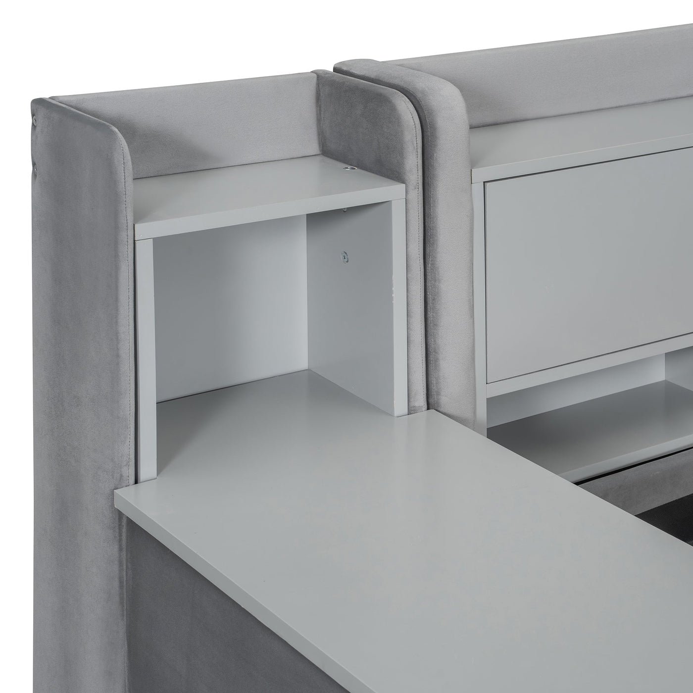 Twin Size Upholstered Daybed with Drawers, Shelves, Flip Cabinets & Side Table (Gray)