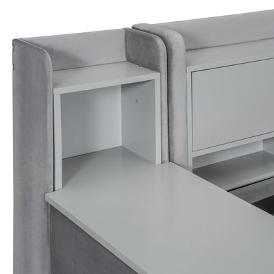 Twin Size Upholstered Daybed with Drawers, Shelves, Flip Cabinets & Side Table (Gray)