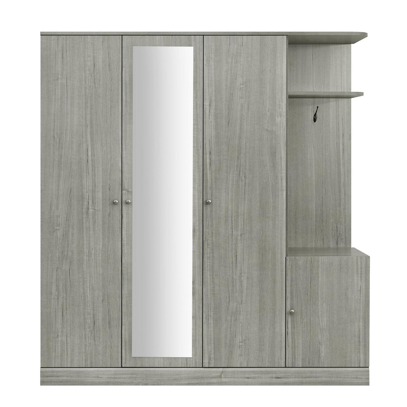 4-Door Wardrobe with Shelves, Drawers, and Full-Length Mirror, Gray
