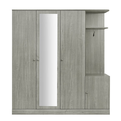 4-Door Wardrobe with Shelves, Drawers, and Full-Length Mirror, Gray