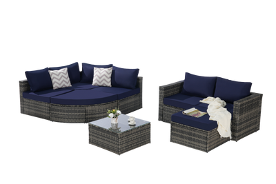 8 Piece Outdoor Patio Sofa Set, Sectional L- Shaped Patio Furniture Wicker Patio Conversation Set with Curved Sofa  Ottoman & Glass Top Table for Backyard Poolside