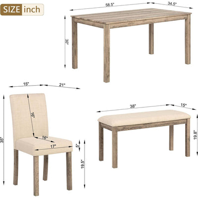 6-Piece Dining Table Set, Wooden Dining Table Set for 6, Kitchen Dining Table Set with 4 Upholstered Chairs and a Bench for Kitchen, Dining Room (Brown)