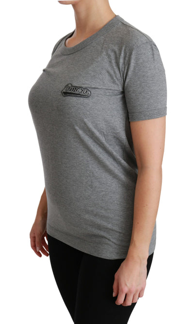 Dolce & Gabbana Gray Crewneck Amore Patch Cotton Top T-shirt