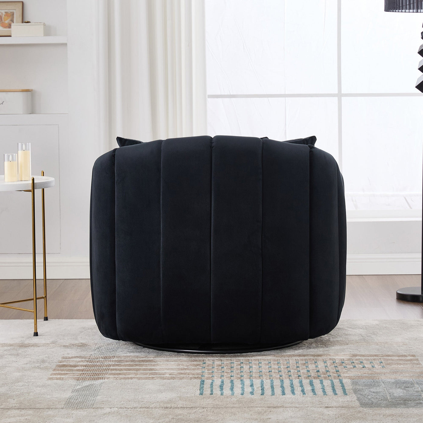40.35'W Upholstered Oversized 360° Swivel Accent Barrel Chair and Half Cozy Sofa with 3 Pillows, Velvet Channel Tufted Pumpkin-Shape Club Armchair for Living Room, Bedroom, Office, Lounge, Black