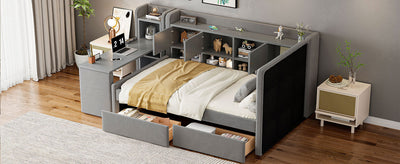 Twin Size Upholstered Daybed with Drawers, Shelves, Flip Cabinets & Side Table (Gray)