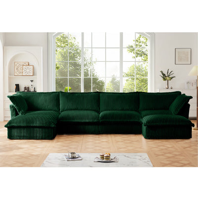 Slipcovered U Shape Sectional Wide and Deep Seat Sofa Couch, 4 Seater Sofa with French Edges Design Multiple Big Pillows, Soft Deep Seat Comfy Cloud Couch for Living Room, Apartment, Green Corduroy