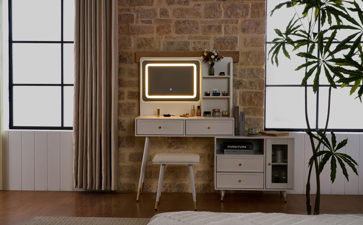 Modern Makeup Vanity Desk with Mirror and Lights, Retractable Dressing Table with Drawers and Cabinet, Compact Makeup Table Set with Power Outlet for Bedroom, White
