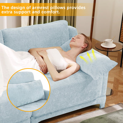 Elegant Two-Seater Sofa with Ottoman and Lumbar Pillows, Sky Blue Chenille, High-Quality Wood