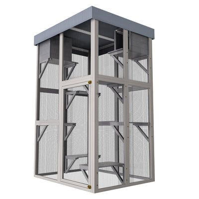 70.5＂ Tall Wooden Catio Outdoor Cat Enclosure, Gray Cat House Large Solid Wood Cage Playpen with 6 Jumping Platforms & 2 Napping Houses, Movable tarp cover