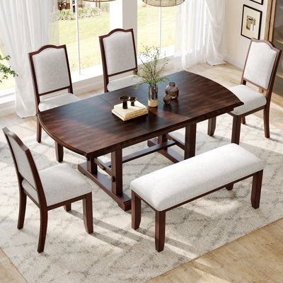 6-Piece Extendable Dining Table Set, 60–78 in. Wood Table with Removable Leaf, 4 Upholstered Chairs and Bench, Cherry Finish