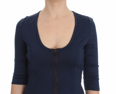 Exte Blue Cotton Top Zipper Deep Crew-neck Sweater