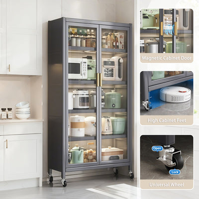 65' Kitchen Pantry Storage Cabinet, 6 Tier Metal Display Storage Cabinet with Transparent Door, Adjustable Shelves & Wheels, Food Pantries Cabinets, for Kitchen, Living Room and Dining Room, Gray