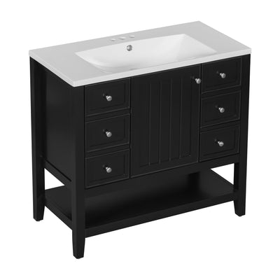 36' Bathroom Vanity with Sink Combo, One Cabinet and Three Drawers, Solid Wood and MDF Board, Black (Old Sku:SY999505AAB)