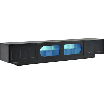 TV Stand with Fluted tempered Glass Doors for TVs Up to 95", Functional Media Console with Arched Cabinet Doors, Entertainment Center with APP-Controlled LED Light for Living Room, Black