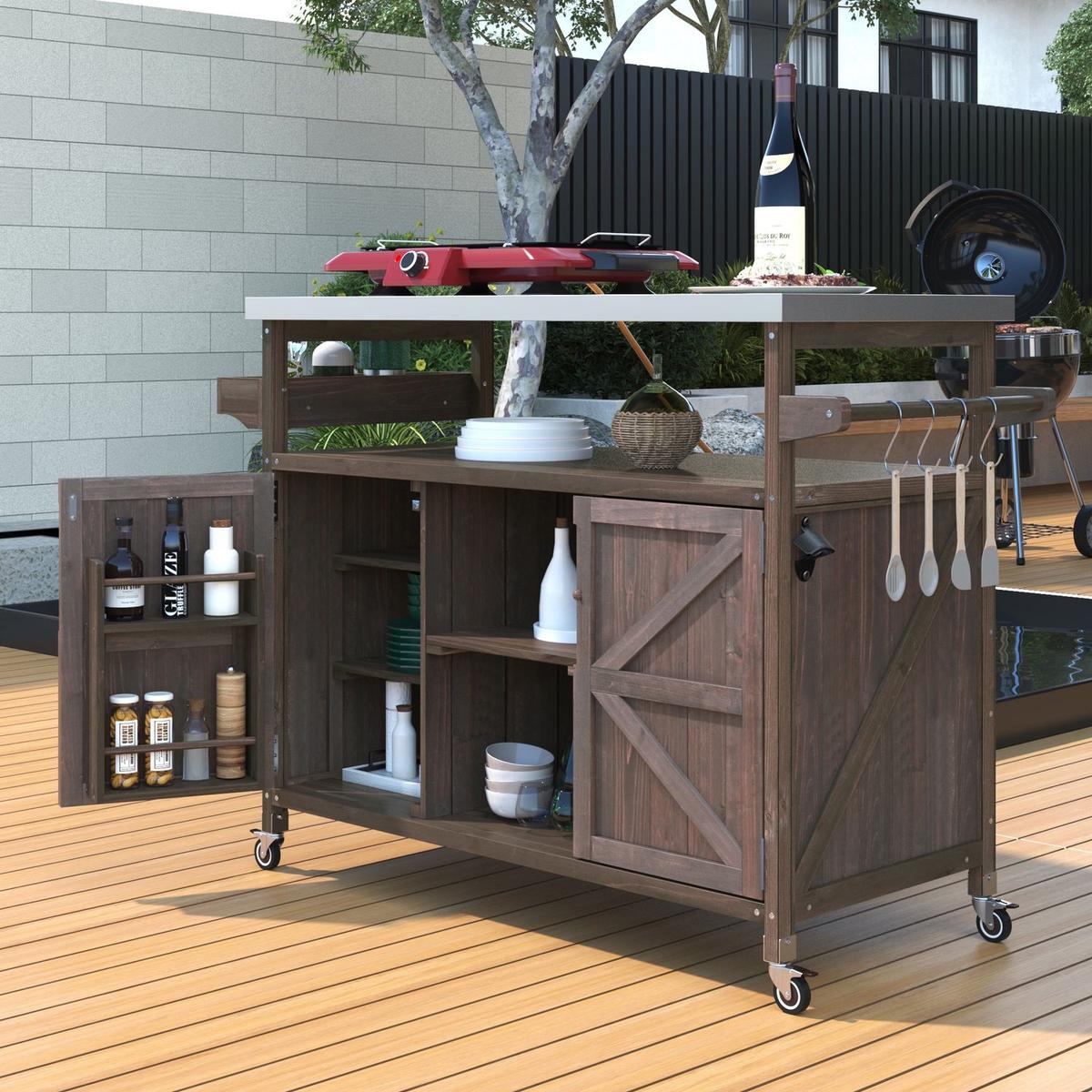 Outdoor Kitchen Island, Rolling Bar Cart & Storage Cabinet, Farmhouse Solid Wood Outdoor Grill Table with Stainless Steel Top, Spice Rack, Towel Rack for Kitchen & Barbecue, Dark Brown