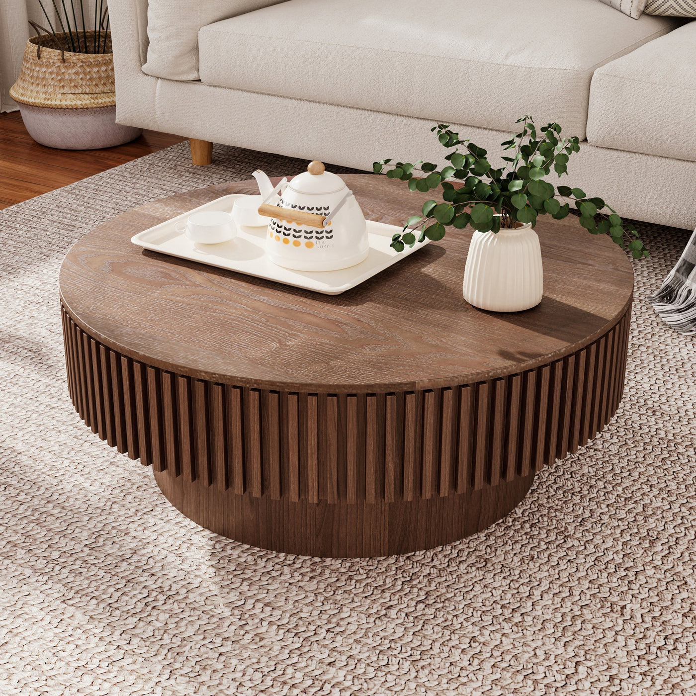 31.5'' Round Coffee Table with Storage Solid Wood Veneered Modern Coffee Table Accent Tea Table for Living Room, Bedroom, Apartment or Office, Walnut