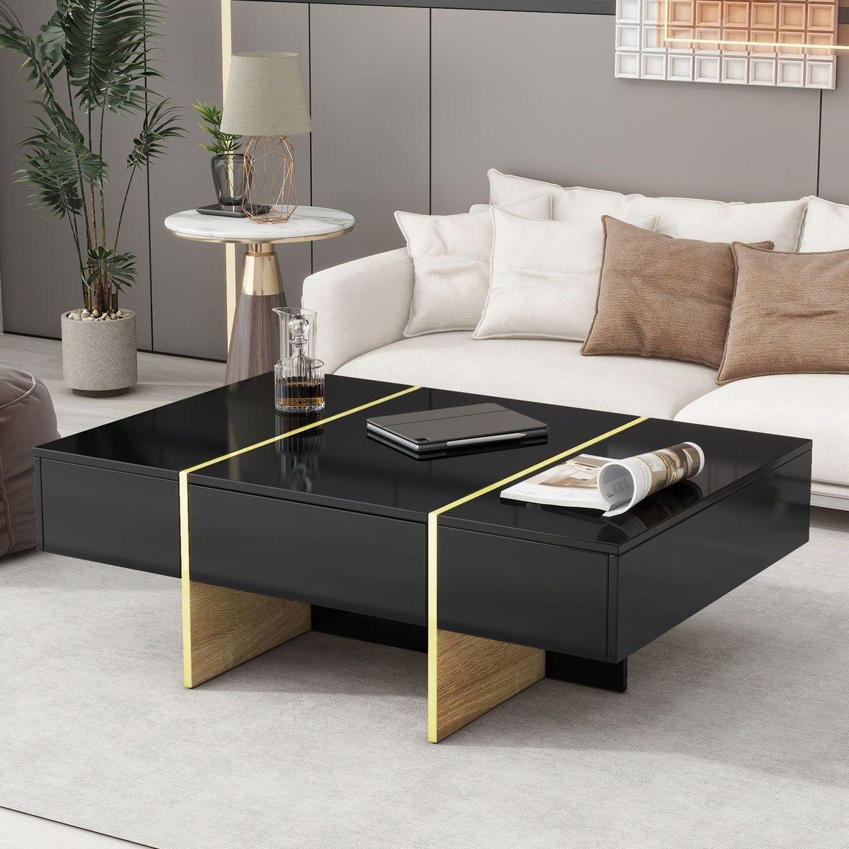 47.2" x 31.4"Minimalist High Gloss Coffee Table with 2 Drawers, Multi-Storage Rectangle Sofa Table with Golden Wood Grain Legs, Modern Center Table for Living Room, Black