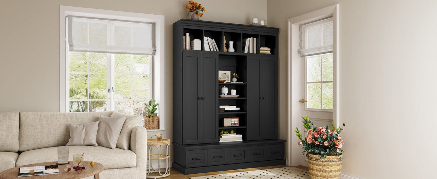 U-Can 78.7'H Hall Tree with Bench and 5 Storage Cubbies, Modern Entryway Storage Organizer Cabinet with 4 Doors, 5 Drawers and Adjustable Shelves for Hallway, Entryway, Living Room
