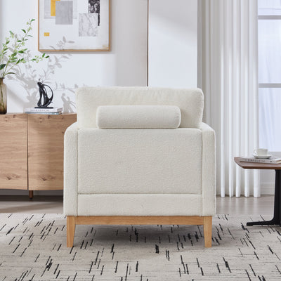 35.4' Wide Modern Farmhouse Performance Accent Chair with Natural Wood Legs, Wood Base Reading Armchair Single Sofa with Two Bolster Pillows for Living Room Offices and Lounge, Ivory Boucle.