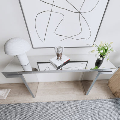 60 Inches Luxury Full-Length Mirror Console Table with Fluted Tempered Glass, Entryway Mirrored Sofa Table, Light Luxury Style, Scratch-Resistant, Reinforced Packaging