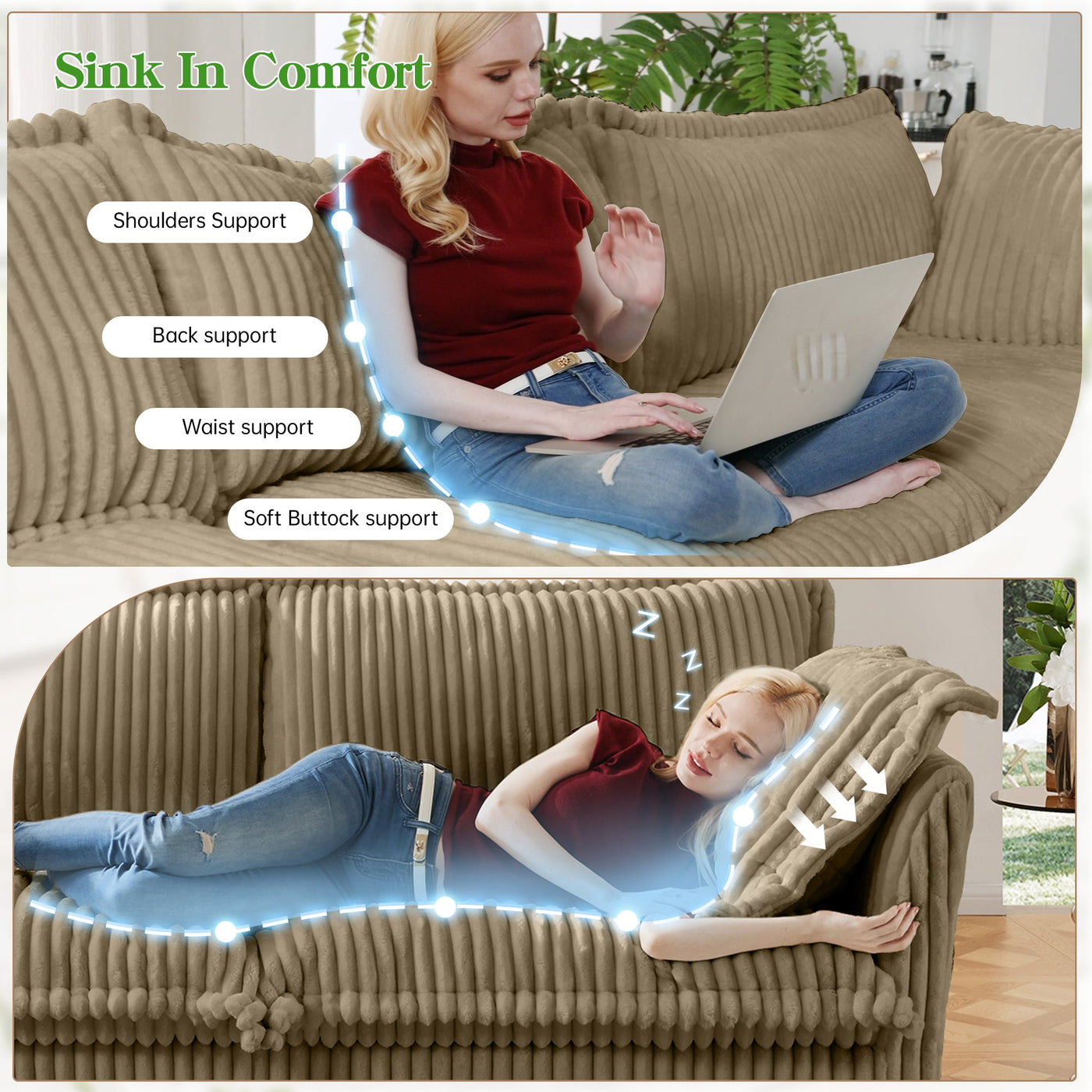 Slip-covered Armchair with 1 Big Back Cushion and 2 Big Toss Pillows, Single Deep Seat Comfy Single Couch Sofa Multiple Large Soft Pillows, Camel Corduroy Fabric