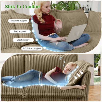 Slip-covered Armchair with 1 Big Back Cushion and 2 Big Toss Pillows, Single Deep Seat Comfy Single Couch Sofa Multiple Large Soft Pillows, Camel Corduroy Fabric