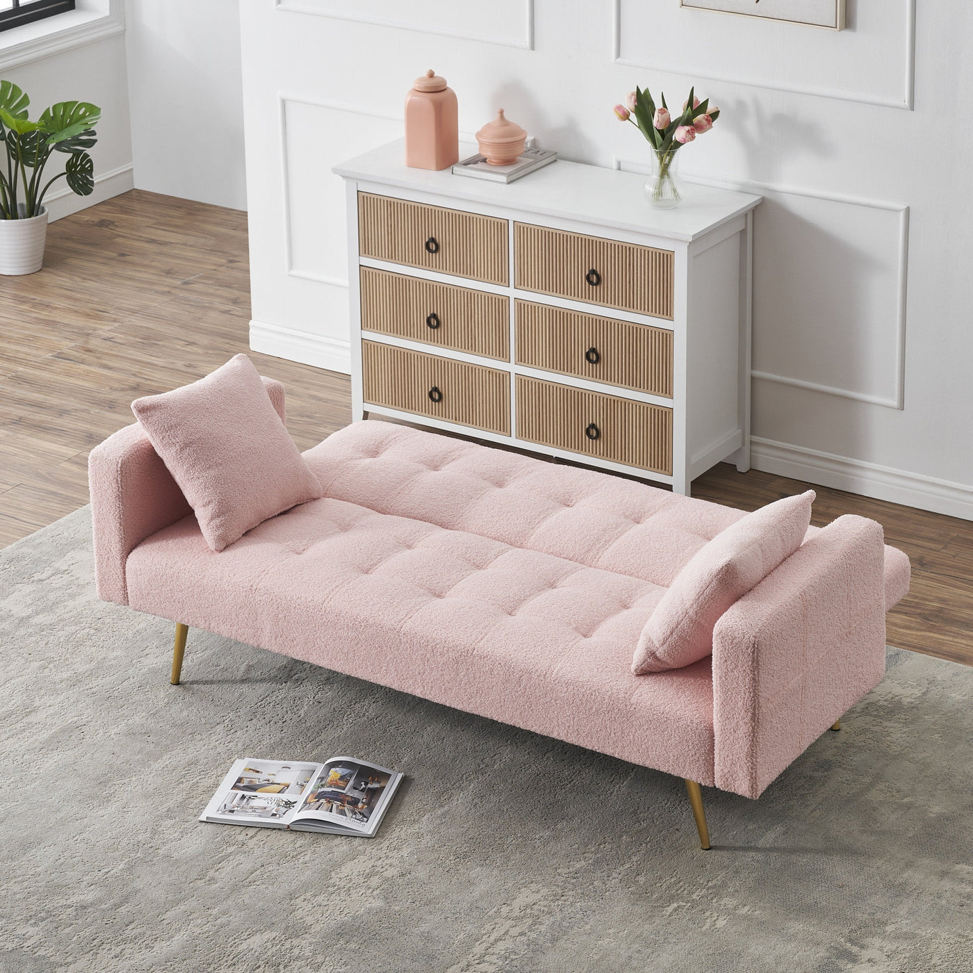 Teddy Fleece Sofa Bed with Throw Pillows and Metal Legs in Pink, 71.7-inch
