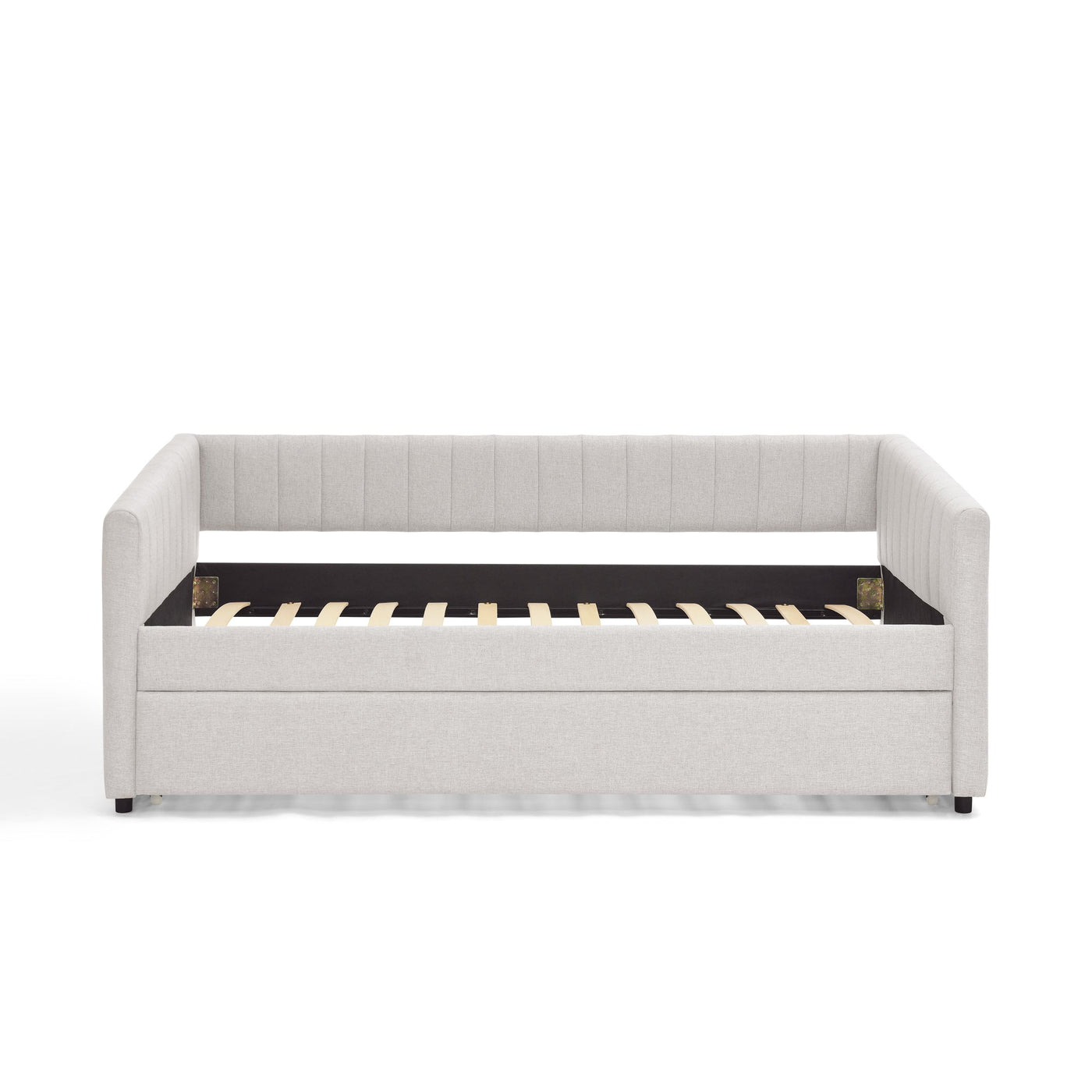 Twin Size Daybed with Trundle Upholstered Sofa Bed, with Vertical Stripes, Linen Fabric, Beige  (82.5'x43'x30')