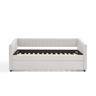 Twin Size Daybed with Trundle Upholstered Sofa Bed, with Vertical Stripes, Linen Fabric, Beige  (82.5'x43'x30')