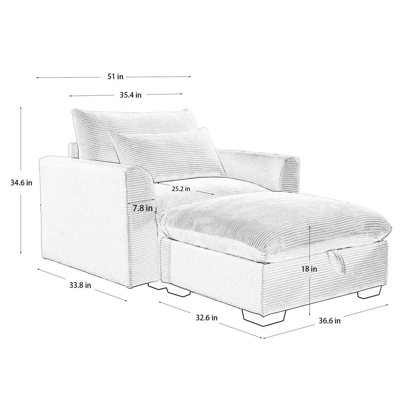 Black Corduroy Sofa Couch, Modular Couch with Storage Ottoman,  Couch Deep Seat Couches for Modern Living Room/Apartment/Office