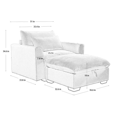 Black Corduroy Sofa Couch, Modular Couch with Storage Ottoman,  Couch Deep Seat Couches for Modern Living Room/Apartment/Office