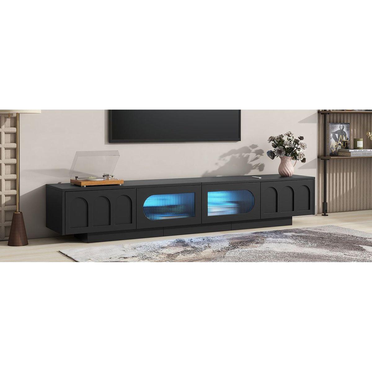 TV Stand with Fluted tempered Glass Doors for TVs Up to 95", Functional Media Console with Arched Cabinet Doors, Entertainment Center with APP-Controlled LED Light for Living Room, Black