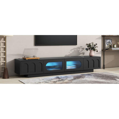 TV Stand with Fluted tempered Glass Doors for TVs Up to 95", Functional Media Console with Arched Cabinet Doors, Entertainment Center with APP-Controlled LED Light for Living Room, Black
