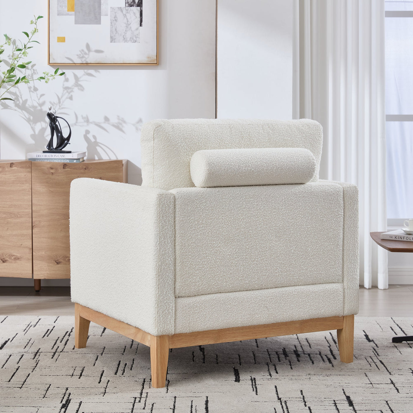 35.4' Wide Modern Farmhouse Performance Accent Chair with Natural Wood Legs, Wood Base Reading Armchair Single Sofa with Two Bolster Pillows for Living Room Offices and Lounge, Ivory Boucle.