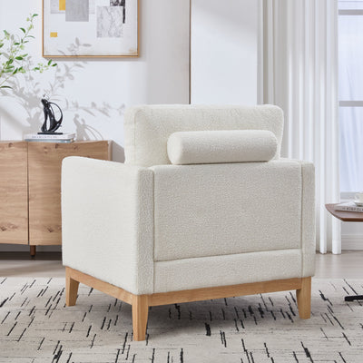 35.4' Wide Modern Farmhouse Performance Accent Chair with Natural Wood Legs, Wood Base Reading Armchair Single Sofa with Two Bolster Pillows for Living Room Offices and Lounge, Ivory Boucle.