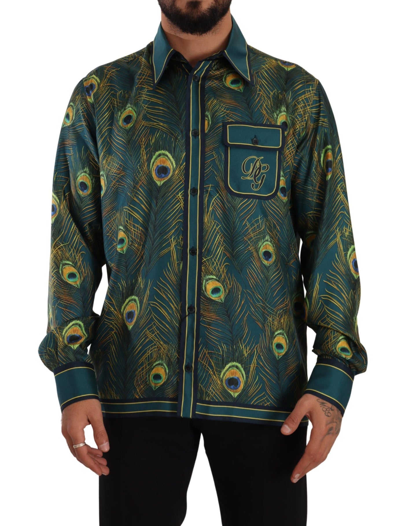 Dolce & Gabbana Peacock Feather Print Silk Pajama Mens Shirt