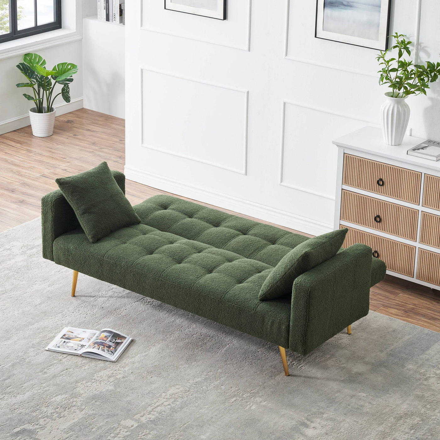 Elegant Green Teddy Fleece Sofa Bed with Two Charming Throw Pillows, Metal Legs, 71.7 Inches