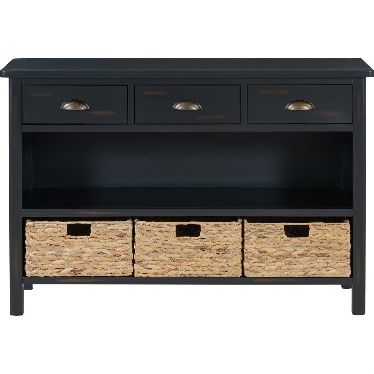 TREXM Retro Console Table with 3 Storage Drawers, Entryway Table with 3 Water Hyacinth Woven Baskets,Wooden Accent Sofa Table Buffet Cabinet for Entryway, Hallway and Living Room (Espresso)