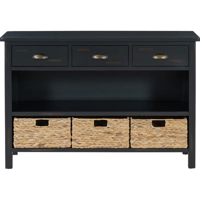 TREXM Retro Console Table with 3 Storage Drawers, Entryway Table with 3 Water Hyacinth Woven Baskets,Wooden Accent Sofa Table Buffet Cabinet for Entryway, Hallway and Living Room (Espresso)