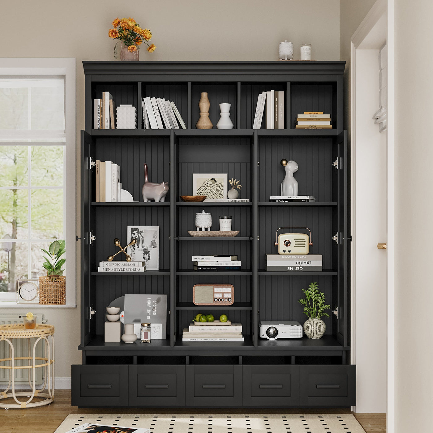 U-Can 78.7'H Hall Tree with Bench and 5 Storage Cubbies, Modern Entryway Storage Organizer Cabinet with 4 Doors, 5 Drawers and Adjustable Shelves for Hallway, Entryway, Living Room