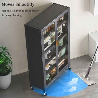 65' Kitchen Pantry Storage Cabinet, 6 Tier Metal Display Storage Cabinet with Transparent Door, Adjustable Shelves & Wheels, Food Pantries Cabinets, for Kitchen, Living Room and Dining Room, Gray