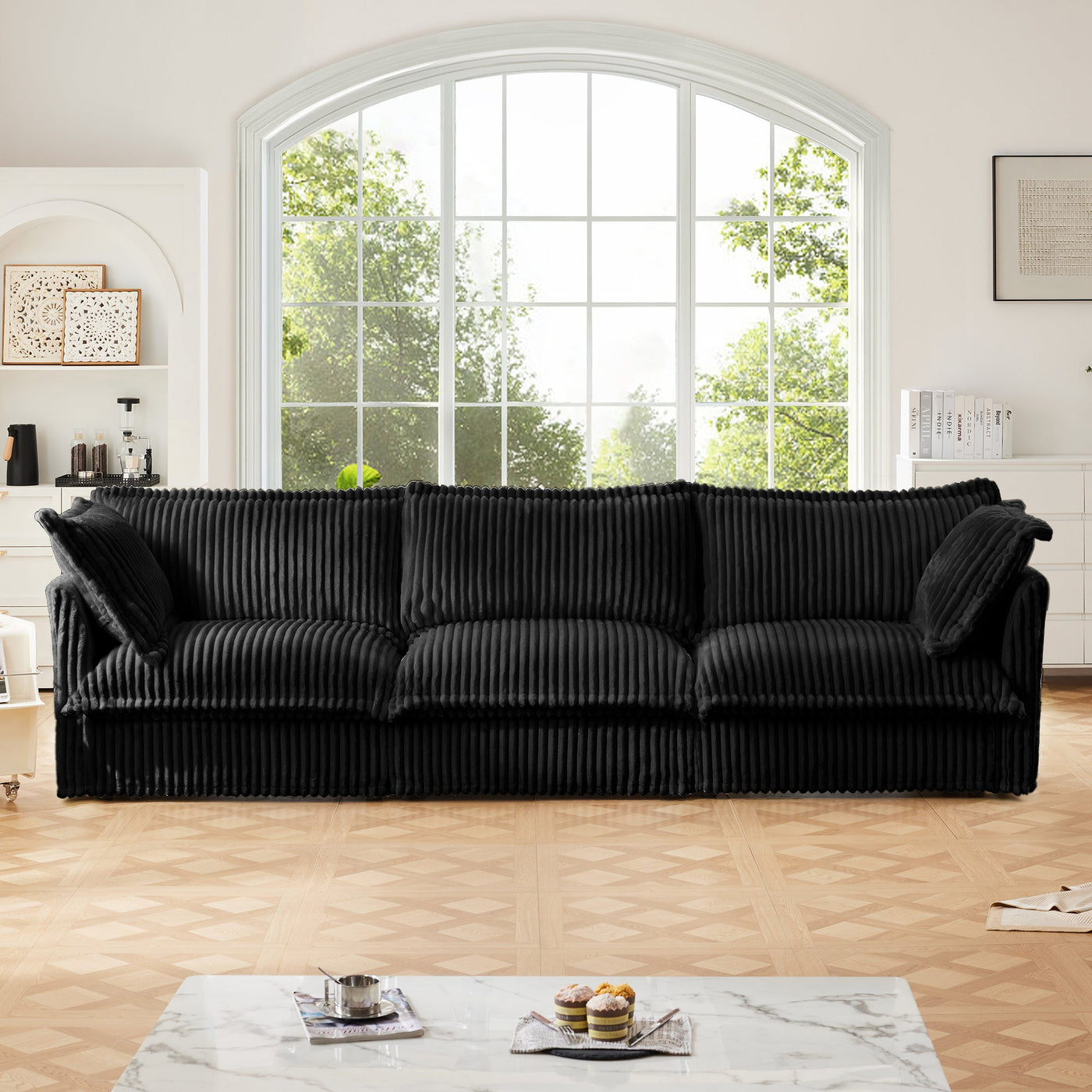 Slipcovered Sofa Couch, Modern 3 Seater Sofa with Suppleness Armrests,Deep Seat Sofa with Soft Multiple Big Pillows, Comfy Couch for Living Room, Apartment,Black Corduroy Fabric
