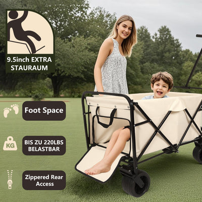 360° Rotating Rear Wheel Heavy-Duty Folding Wagon – Multi-Use Garden Cart with All-Terrain Wheels, Design for Camping, Beach, Picnic & Outdoor, Beige