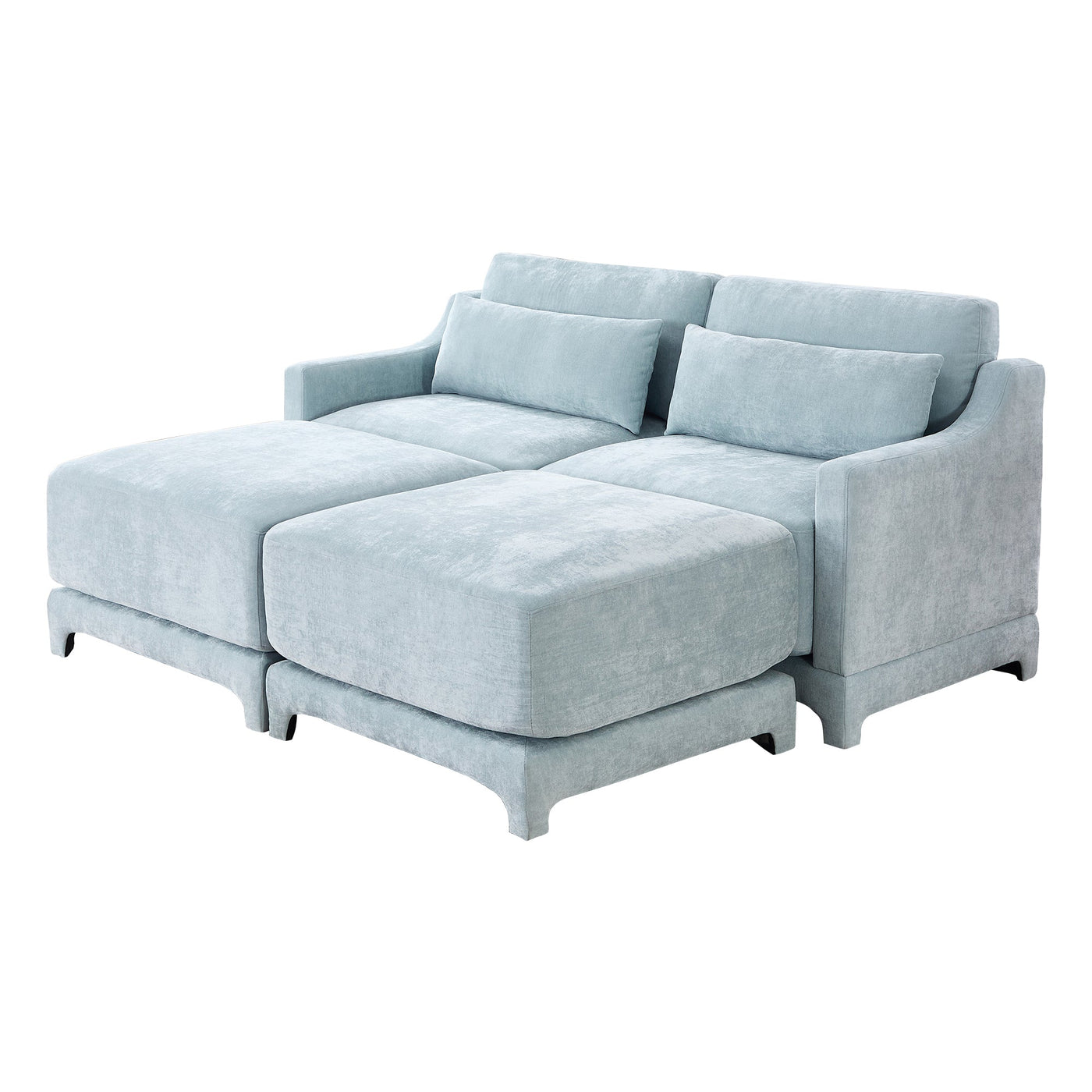 Elegant Two-Seater Sofa with Ottoman and Lumbar Pillows, Sky Blue Chenille, High-Quality Wood