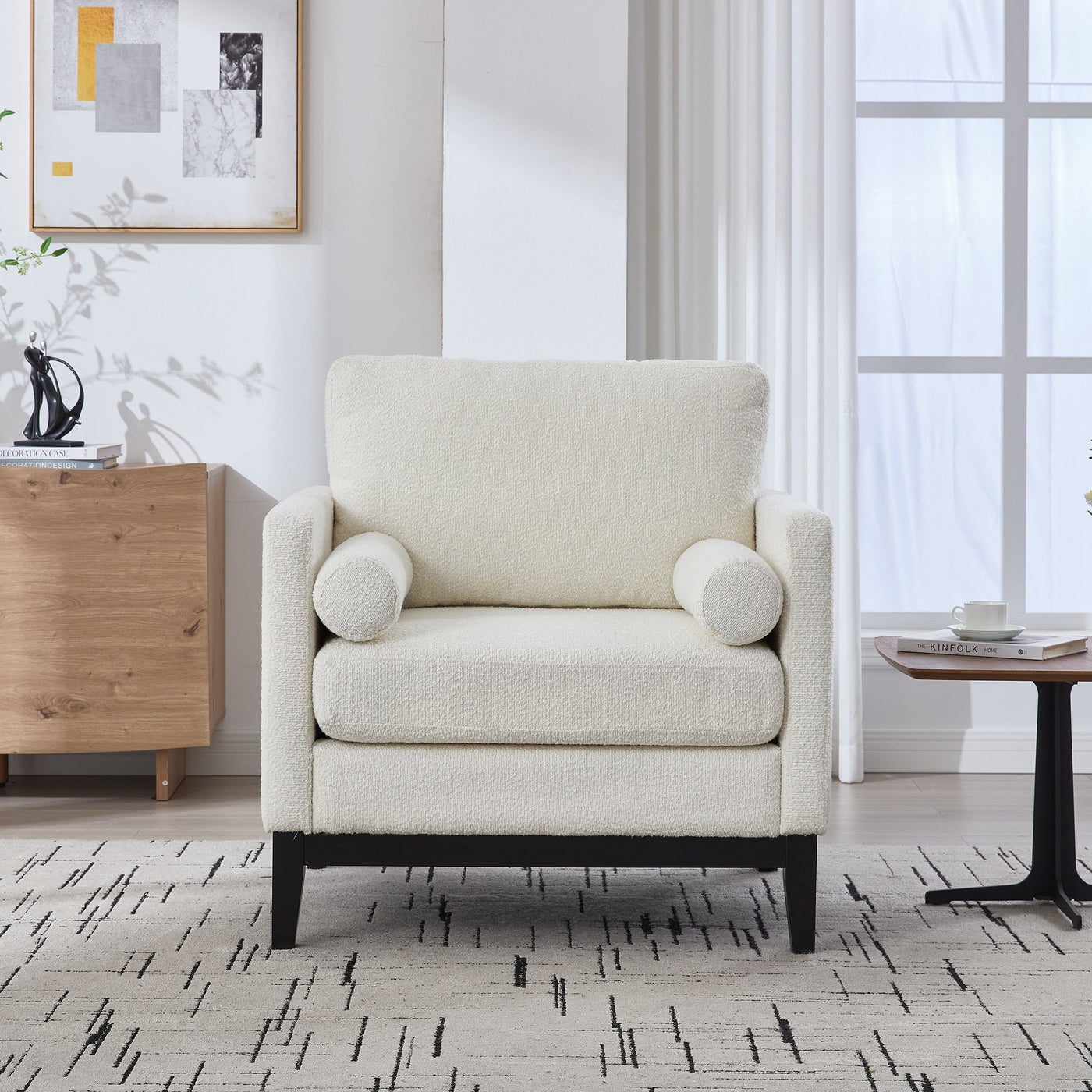35.4' Wide Modern Farmhouse Performance Accent Chair with Black Finish Legs, Wood Base Reading Armchair Single Sofa with Two Bolster Pillows for Living Room Offices and Lounge, Ivory Boucle.