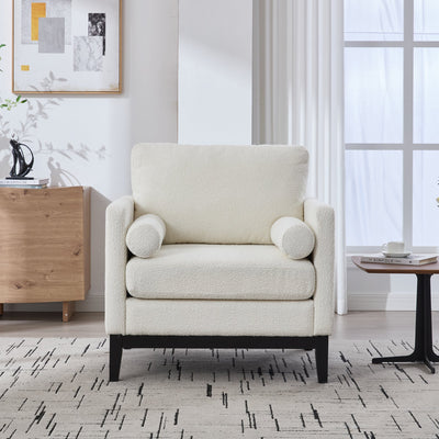 35.4' Wide Modern Farmhouse Performance Accent Chair with Black Finish Legs, Wood Base Reading Armchair Single Sofa with Two Bolster Pillows for Living Room Offices and Lounge, Ivory Boucle.