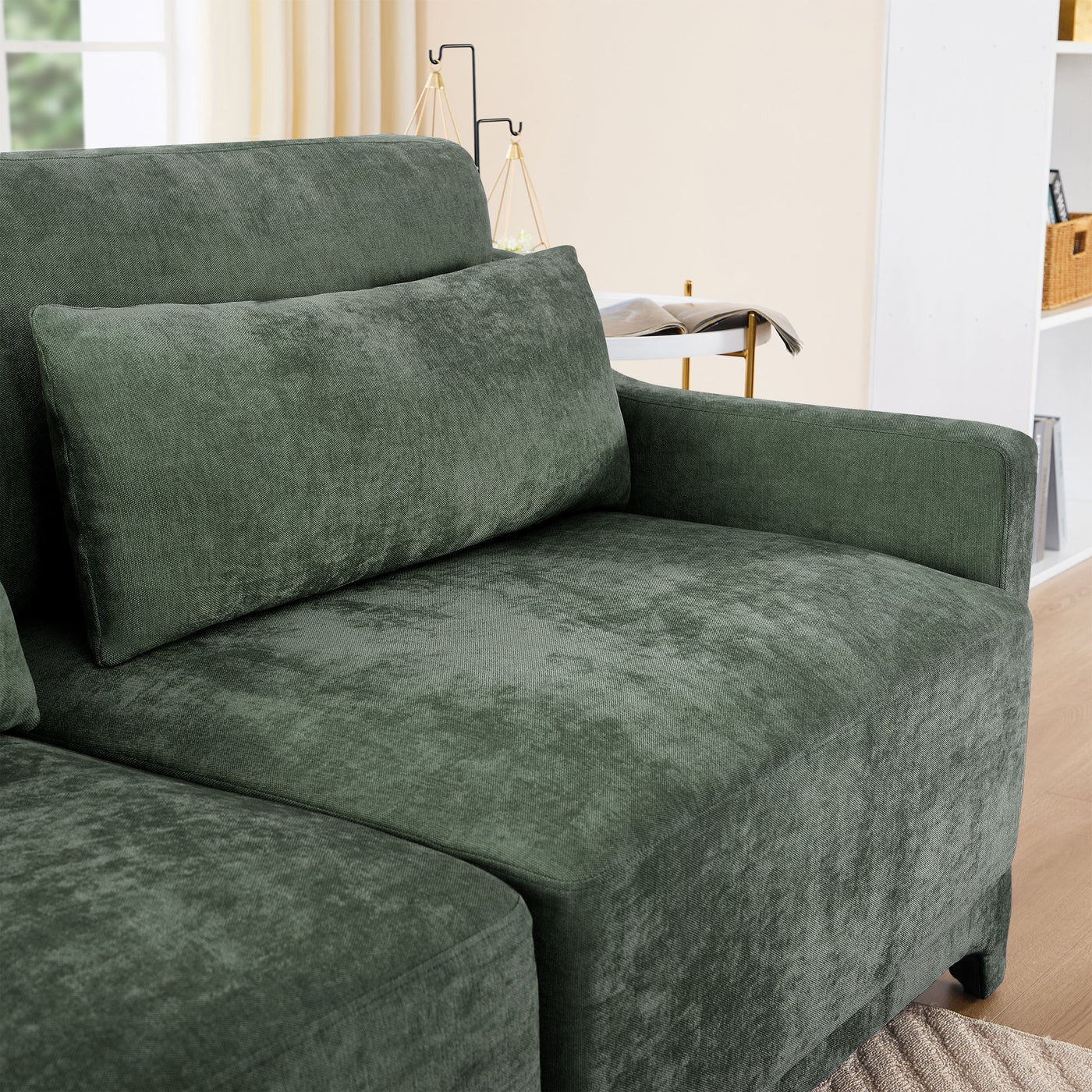 Stylish Two-Seater Sofa with Ottoman and Lumbar Pillows, Green Chenille Fabric, Ergonomic Design