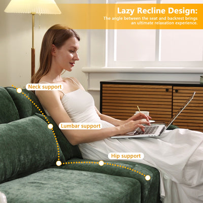 Stylish Two-Seater Sofa with Ottoman and Lumbar Pillows, Green Chenille Fabric, Ergonomic Design